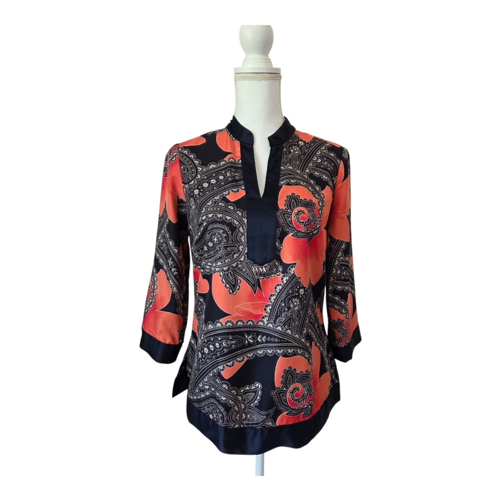 Ann Taylor Blouse Sz Sp,kimono Style Orange Black Paisley 3/4 Sleeves.